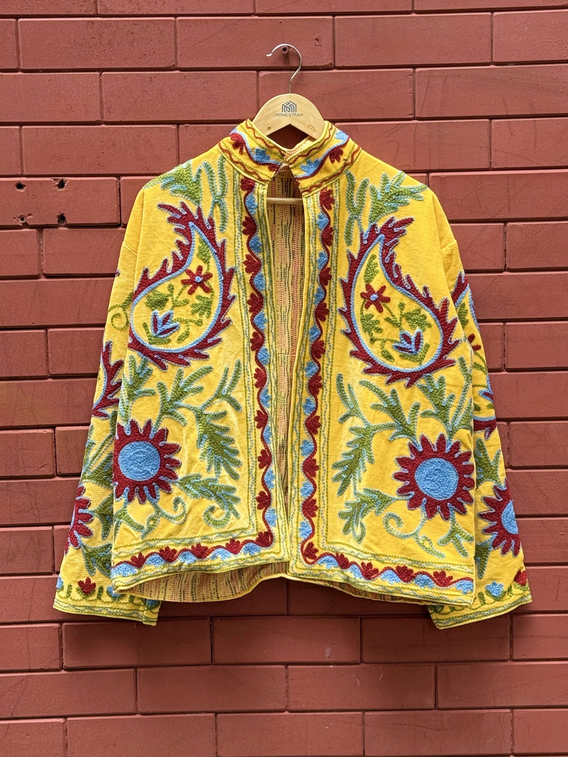 Womens Yellow Velvet Embroidered Jacket with Floral Design - Image 4