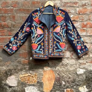 Womens Navy Blue Velvet Embroidered Jacket with Floral Design