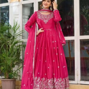 Women's American Silk Sequence Embroidery Long Anarkali Kurti Gown With Dupatta