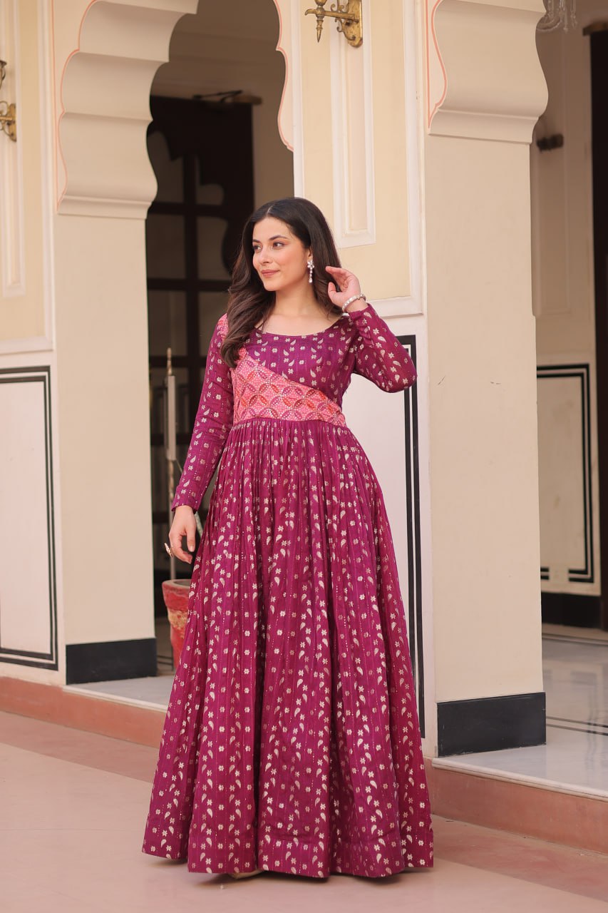 Women's Festive Berry Purple Printed Anarkali Gown with Intricate Zari Work & Embellished Yoke – Perfect for Traditional & Celebration Wear - Image 5